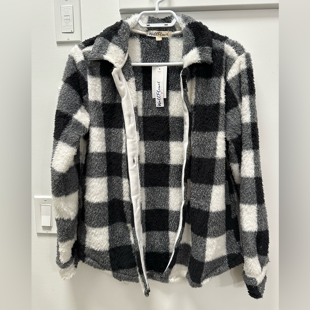 Wallflower Black & White Buffalo Plaid Sherpa Sweater